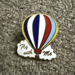 Vintage Fly With Me Hot Air Balloon Enamel Lapel Pin Red White Blue White Clouds
